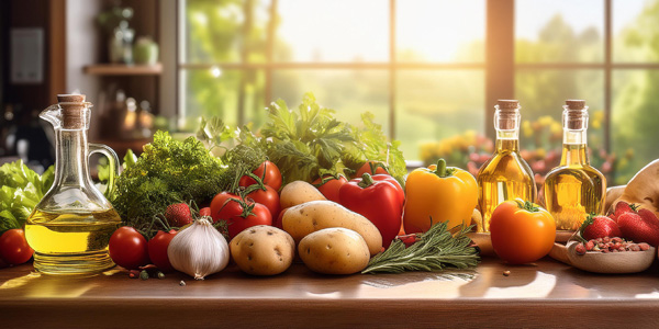 Auf einem Holztisch liegen verschiedene frische Gemüse, Kräuter, Kartoffeln, Knoblauch und zwei Flaschen Öl, im Hintergrund ein helles Fenster mit unscharfer Landschaft.